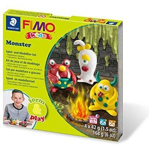 Staedtler 8034 11 LY Fimo Kids form&play set Monster (superzachte, ovenhardende knede, eenvoudige handleiding, hersluitbare doos, set met 4 fimoblokken, 1 modelleerstaaf en 1 speelachtergrond)