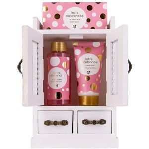 Accentra Let's Celebrate Cadeauset voor dames, beautyset met schuimbad, bodylotion en badzout in decoratieve houten kast, wellnessset voor vrouwen en meisjes voor verjaardag en Valentijnsdag