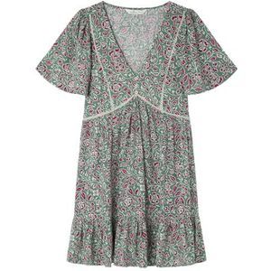 Viscose shorts, V-hals, bedrukt, met katoenen kant, ingezet en korte mouwen, Turquoise opdruk, 40