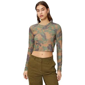 Koton Dames Ribbed Crew Neck Long Sleeve Crop T-Shirt, Groen design (8d1), M