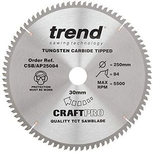 Trend CraftPro werkblad voor aluminium en kunststof met TCT-cirkelzaagblad, 250 mm diameter x 84 tanden x 30 mm asgat, wolfraamcarbide getipt, CSB/AP25084