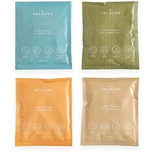 Valquer Laboratorios Shake - pak 4 Duurzame badgels. Lichaamsgel bijvullen. Eén fles = oneindig veel gels. Geen afval. 25 gram = 400 ml gel - 4 zakjes 25 gr (1 van elk type)