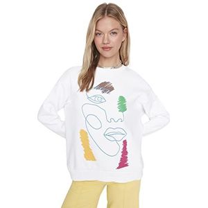 TRENDYOL Sweatshirt met ronde hals en slogan, nauwsluitend sweatshirt voor dames, wit, S