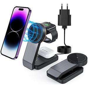 Mag-safe Wireless Charger, Foldable 3 in 1 Wireless Charging Station, Compatible with iPhone 12/13/14/15 Series, Airpods 2/3/Pro, Apple Watch