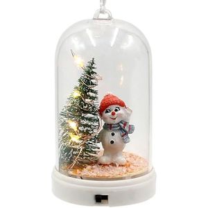 Dekohelden24 Boomophanger-bel met sneeuwpop en verlichte dennenboom, sneeuwkind met muts en sjaal in oranje en grijs, L/B/H 6 x 6 x 11 cm, 11 cm