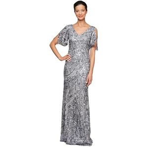 Alex Evenings Lange jurk met pailletten, lange jurk voor dames, met blote schouder, fladdermouwen (kleine en normale maten), zilver, 8 Petite