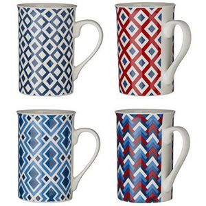 Premier Housewares Austin Mokken, Blauw, Set van 4, Porselein, 10 x 10 x 7 cm