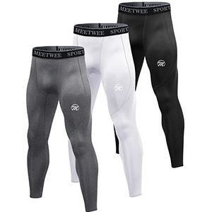 MEETWEE Compressiebroek voor heren, sportlegging, lange loopbroek, ademend, functionele onderbroek, tights, onderbroek, zwart + wit + grijs., XL
