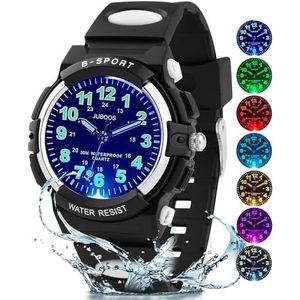 Analoog kinderhorloge Juboos, waterdicht tot 30 m, gemakkelijk af te lezen, om te leren klokkijken, voor jongens en meisjes, kinderhorloge met zacht bandje, Zwart