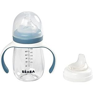 BÉABA - 2 in 1 Sippy Cup - Peuterbeker - Kinderbeker met rietje - 100% Waterdicht - Gemakkelijk te openen - Verwijderbare handgrepen - Tritan en siliconen - 210 ml - Blauw