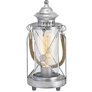 EGLO Tafellamp Bradford, 1-vlammige vintage tafellamp, lantaarn, bedlampje van staal, kleur: zilver antiek, glas: helder, fitting: E27, incl. schakela