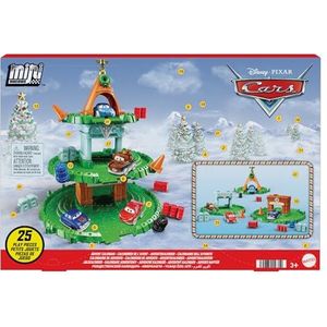 Mattel Disney en Pixar Cars Mini Racers adventskalender met 4 minivoertuigen en 21 onderdelen, waaronder een baan, accessoires en speelgoedauto's met een winterthema HPD83