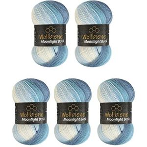 Wollbiene Moonlight Batik Breiwol, 5 x 100 g, 500 gram wol voor breien en haken, 20% wol, Turkse wol, kleurverloopwol, breiwol (5500 blauw-wit)