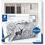 STAEDTLER Kolenset, complete set met 3 premium houtskoolpotloden, 5 premium kunstenaarspotloden, 1 papieren wisser, 1 kneedbare gum, 1 puntenslijper en stap-by-stap instructies, 61 100 C