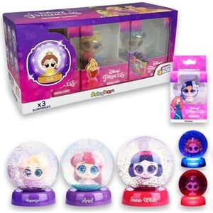 #sbabam Grappige doos Disney Princess Snow Light, sneeuwbol met Disney-prinsessen, licht op in het donker, 3 stuks, Disney gadget – sneeuwballen glitter met kleine Disney-prinsessen als cadeau voor