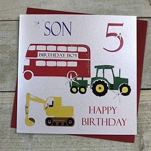 Wit Katoen Kaarten Zoon 5 Gelukkig, Handgemaakte Leeftijd 5 Verjaardagskaart (Tractor, Bus, Digger)