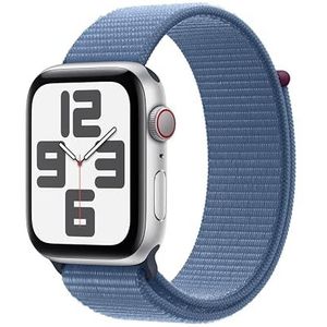 Apple Watch SE (2e generatie, 2023) (GPS + Cellular 44 mm) Smartwatch - Kast van zilverkleurig aluminium - Winterblauw geweven sportbandje. Conditie en slaap bijhouden, ongelukdetectie, CO₂-neutraal