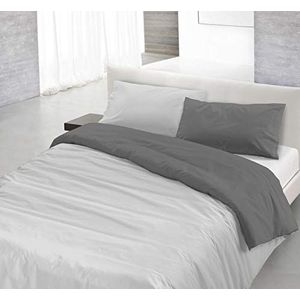 Italian Bed Linen Natuurlijke kleur Dekbedovertrek Set met Doubleface Effen Kleur Tas Sheet en Kussensloop, 100% Katoen, Lichtgrijs/Rook, enkel