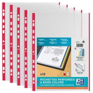 ELBA 100206876 brochurehoezen DIN A4 met gekleurde rand in rood pak van 100, glashelder, niet-verblindend, onuitwisbaar, open bovenaan.
