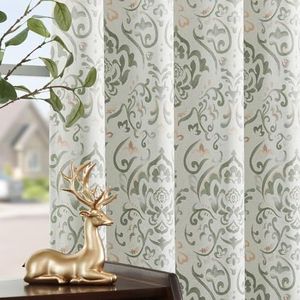 Lazzzy Saliegroen Bloemen Damast Verduisterende Gordijnen 84 Inch Lang voor Woonkamer, Medaillon Boerderij Vintage Bloemen Gedrukt Kamer Verduistering Behandelingen, Terug Tab Thermisch Geïsoleerde