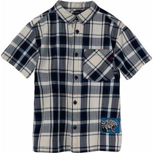 Replay Jongens geruit shirt met korte mouwen oversized, 010 Navy/Natural White, 8 Jaar