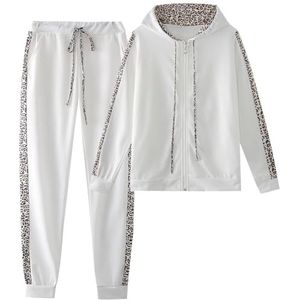 amropi Trainingspak voor dames, joggingpak, luipaard met capuchon, lange mouwen, top + broek, sportpak, 2 stuks, Wit/weelderige tuin, 4XL
