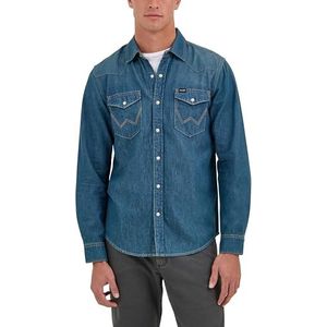 Wrangler Heren Iconische Denim Regular Fit Snap Shirt Knop, Tabak Denim, S