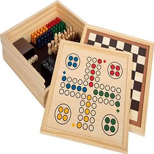 Small Foot - Houten Spellen: 7 Klassiekers in Opbergkist | Geschikt voor het hele gezin | Inclusief domino, ludo, schaken, dammen en molen