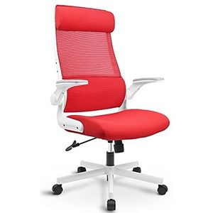MELOKEA Bureaustoel, ergonomisch, bureaustoel van mesh met opklapbare armleuningen, computerdraaistoel met verstelbare hoofdsteunarmen en lendensteun, managersstoel heeft kantelfunctie, rood