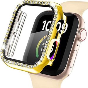 FVKOOG Hoes voor Apple Watch 44 mm serie 6/5/4/SE met gehard glas beeldbescherming, kristaldiamant, strass, bumper, overall, harde PC, slanke beschermhoes voor iWatch 44 mm, goud