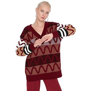 Trendyol Dames V-hals Colorblock Oversize Sweater Sweater, Bourgondië, S, Bourgondy, S