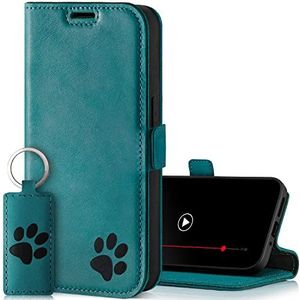 SURAZO Premium slim magnetische telefoonhoes voor Samsung Galaxy A34 5G, van echt leer, beschermhoes met pootmotief, RFID-klaphoes met standfunctie, kaartenvak (turquoise)