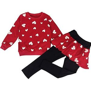 Kinderkledingset lange tops meisjes warm lang T-shirt top + rok broek outfits met hartvorm, 2, rood, 116 cm