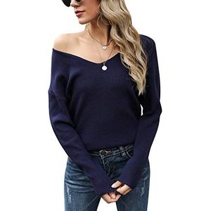 Irevial Pullover voor dames, winter, V-hals, lange mouwen, schouders, pullover voor herfst en winter, effen, Navy Blauw, XL
