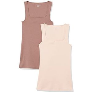 Amazon Essentials Tanktop voor dames, slimfit, vierkante hals, 2 stuks, lichtbeige/donkertaupe, maat S