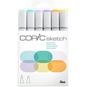 COPIC Sketch Marker Set ""Pale Pastels"" met 6 kleuren, professionele penseelstiften op alcoholbasis met een flexibele en een medium brede punt.