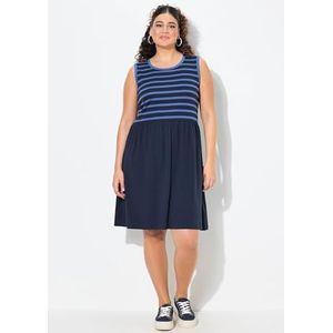 Ulla Popken Dames jerseyjurk met gestreepte top, marineblauw, 62-64