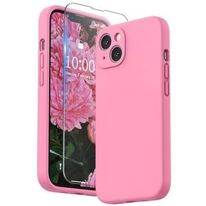 SURPHY Compatibel met iPhone 13 hoesje met schermbeschermer, Vloeibare siliconen bescherming voor elke lens schokbestendige verdikte rubberen hoes voor iPhone 13 6,1 inch 2021 (perzikroze)