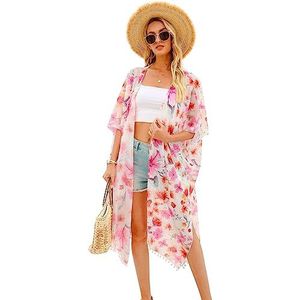Hibluco Kimono, dames, zomer, chiffon, bloemen, strand, cardigan, lange cover-up, H37, S