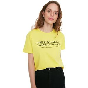 Trendyol Dames getailleerd Basic T-shirt met ronde hals, Geel, XS