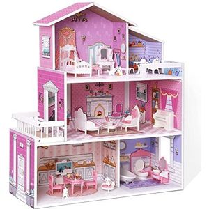 ROBUD Houten poppenhuis speelset, 3 verhalen, 5 kamers, 24 stuks meubels, voorbestemd speelspeelgoed, cadeau voor kinderen, peuters, meisjes