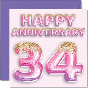 Mooie 34e verjaardag kaart voor vrouw vriendin man vriend - roze paarse glitter ballonnen - gelukkige 34 jubileumkaarten van familie, 145mm x 145mm wenskaarten voor vierendertigste jubilea