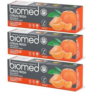 Biomed Citrus Fresh 97% natuurlijke tandpasta/sinaasappel, frisse adem/gezond tandvlees/mandarijn Grapefruit citroen essentiële oliën, fruitsmaak, Vegetarisch, SLES-vrij 100 g (pak van drie)