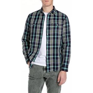 Replay Geruit overhemd voor heren, regular slim fit, 010 Navy/Lt Green, L