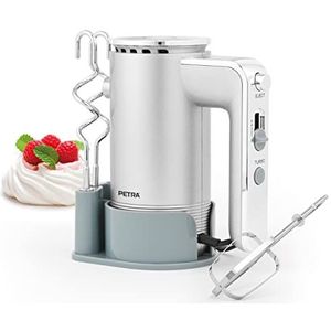 Petra PT5250VDEEU10 Hand Mixer with Storage Base, Easy Store, 5 Speed Settings & Turbo Function, 2 Dough Hooks, 2 Mixing Beaters, Eject Function, Baking/Cooking, Whisk, Beat, Knead, 300W, Silver