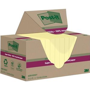 Post-it Super Kleverige 100% Gerecycleerde Notes, Kanariegeel, 47,6 mm x 47,6 mm, 70 Bladen/Pad, 12 Pads/Pack