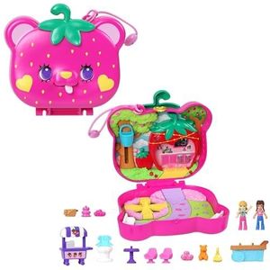 Polly Pocket poppen en speelset, Reisspeelgoed met fidget buitenkant, aardbeienveld compacte speelset met 12 accessoires, HRD35