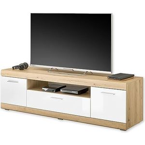NOLA TV-lowboard in artisan eiken look, wit hoogglans - moderne tv-kast met lade en veel opbergruimte voor uw woonkamer - 165 x 49 x 43 cm (B x H x D)