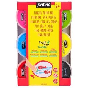 Pébéo Textielvingerverf Tactilcolor - 6 glazen 100 ml parelmoer kleuren + handleiding - geel/rood/blauw/lichtgroen/zwart/wit, meerkleurig, 100 ml (verpakking van 6)