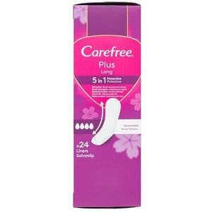 Carefree Inlegkruisjes Plus Long zonder parfum, extra lange damesslip met 5-in-1 bescherming voor 8 uur droog gevoel, ultradunne maandverband zonder geur voor dagelijks gebruik, 24 inlegkruisjes